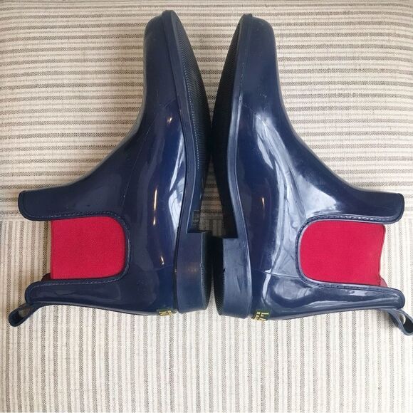 Lauren Ralph Lauren Navy Blue Rubber Red Elastic Pull On Ankle Rain Boots - Picture 8 of 16